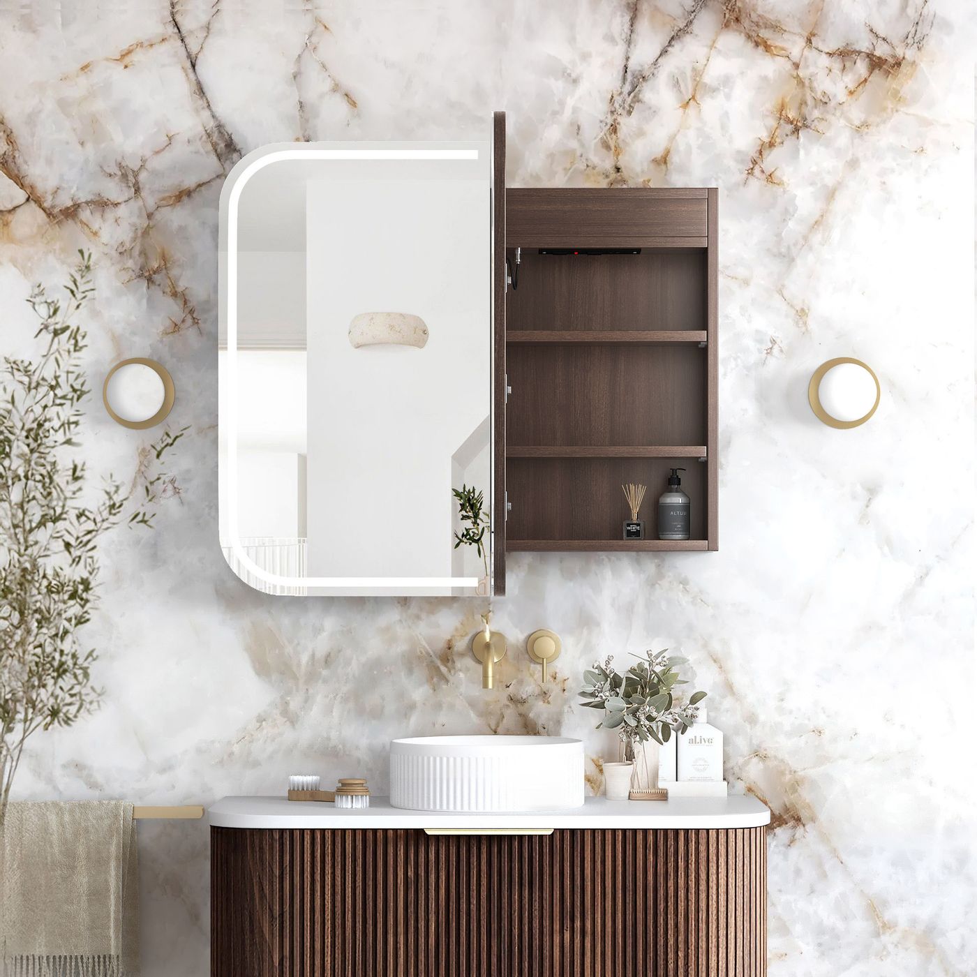 LED Newport 900(W)x750(H) Sable Walnut Shaving Cabinet - Premium Edition