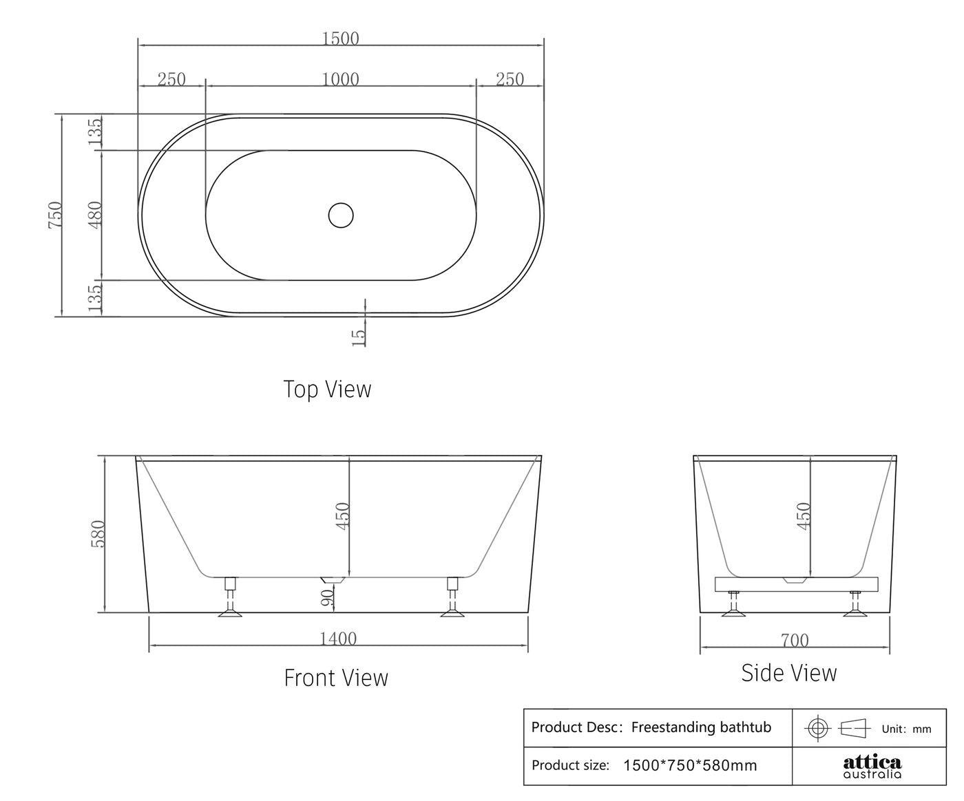 Attica Noosa Fluted 1500 Gloss White Bath with Overflow