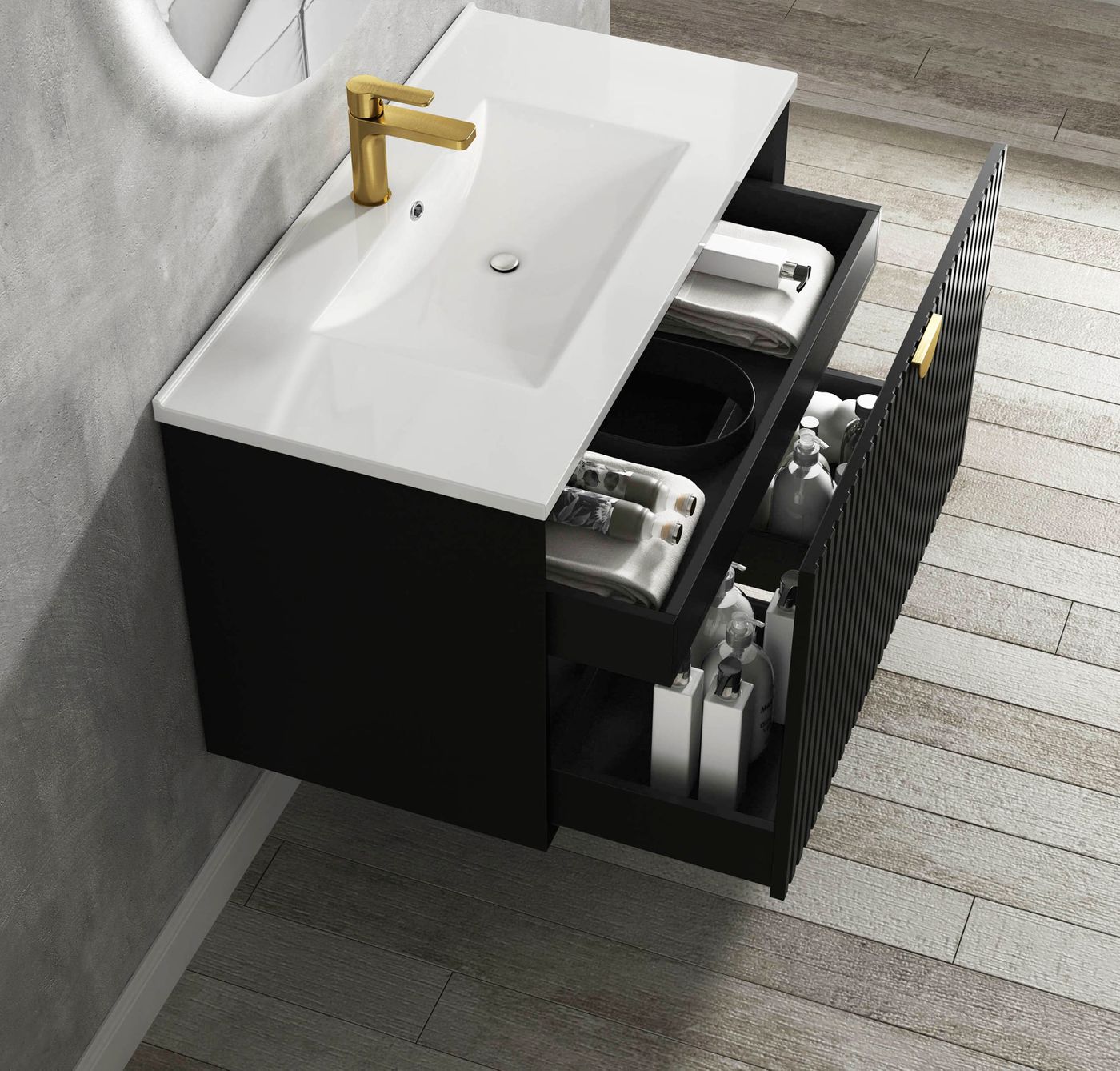 Marlo Fluted 750mm Matte Black Wall Hung Vanity
