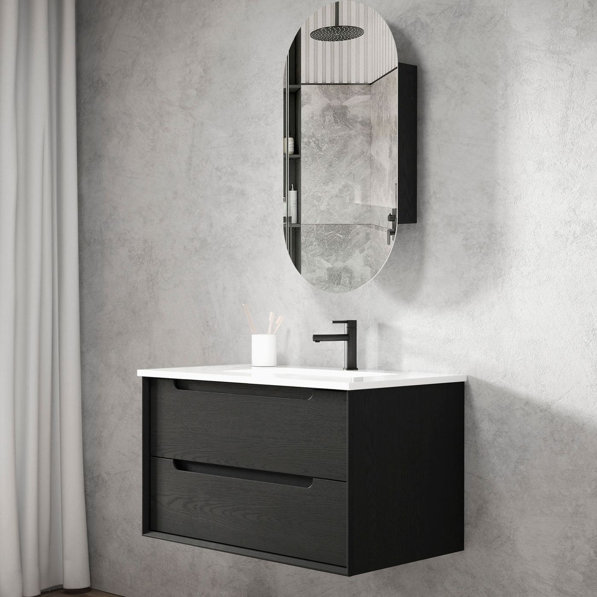 Byron 900mm Black Oak Wall Hung Vanity - angled product view