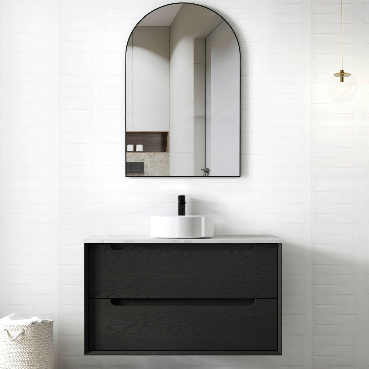 Byron 900mm Black Oak Wall Hung Vanity - side profile view