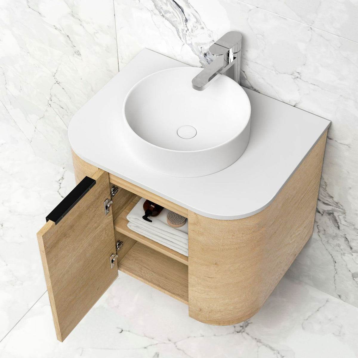 Bondi 600mm Natural Oak Wall Hung Curve Vanity (12TH & NTH Only) - side profile view