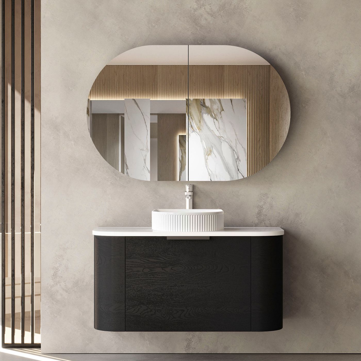 Bondi 900mm Black Oak Wall Hung Curve Vanity
