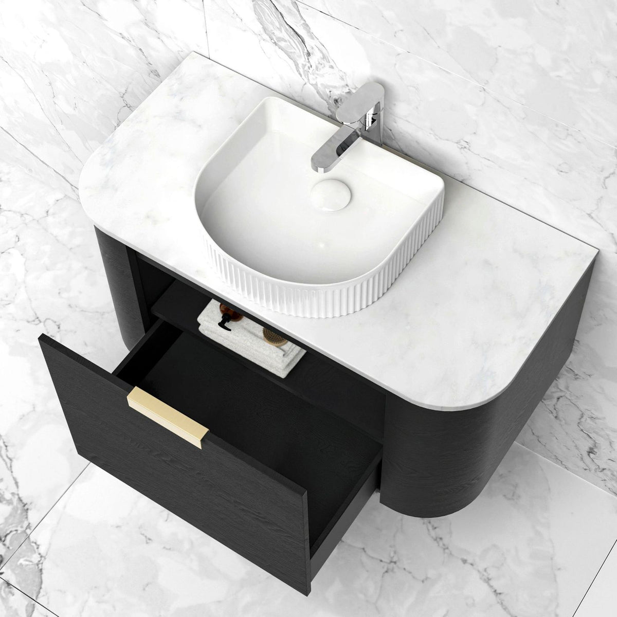 Bondi 900mm Black Oak Wall Hung Curve Vanity - angled product view