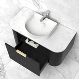 Bondi 900mm Black Oak Wall Hung Curve Vanity - angled product view