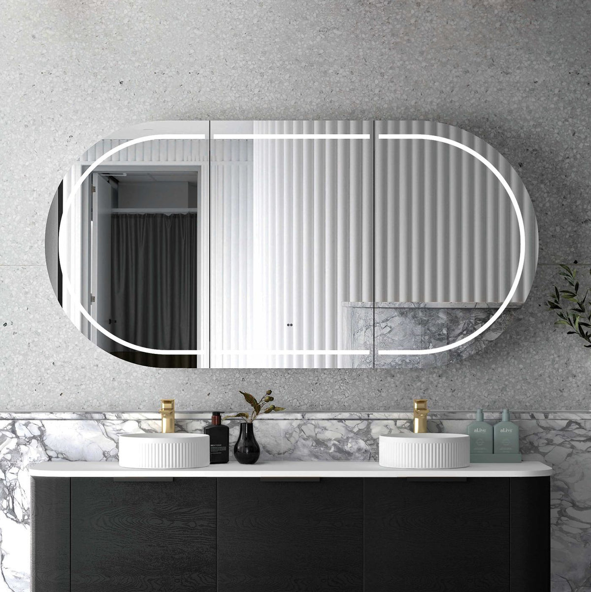 Bondi 1800mm Black Oak Wall Hung Curve Vanity - angled product view