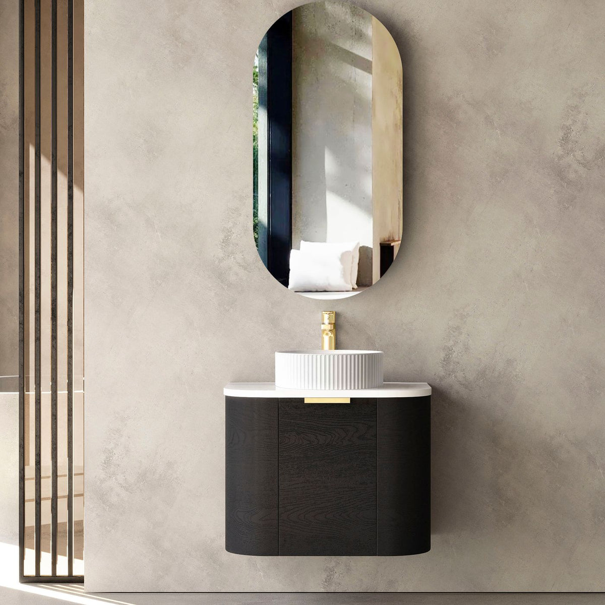 Bondi 600mm Black Oak Wall Hung Curve Vanity (12TH & NTH Only) - front view