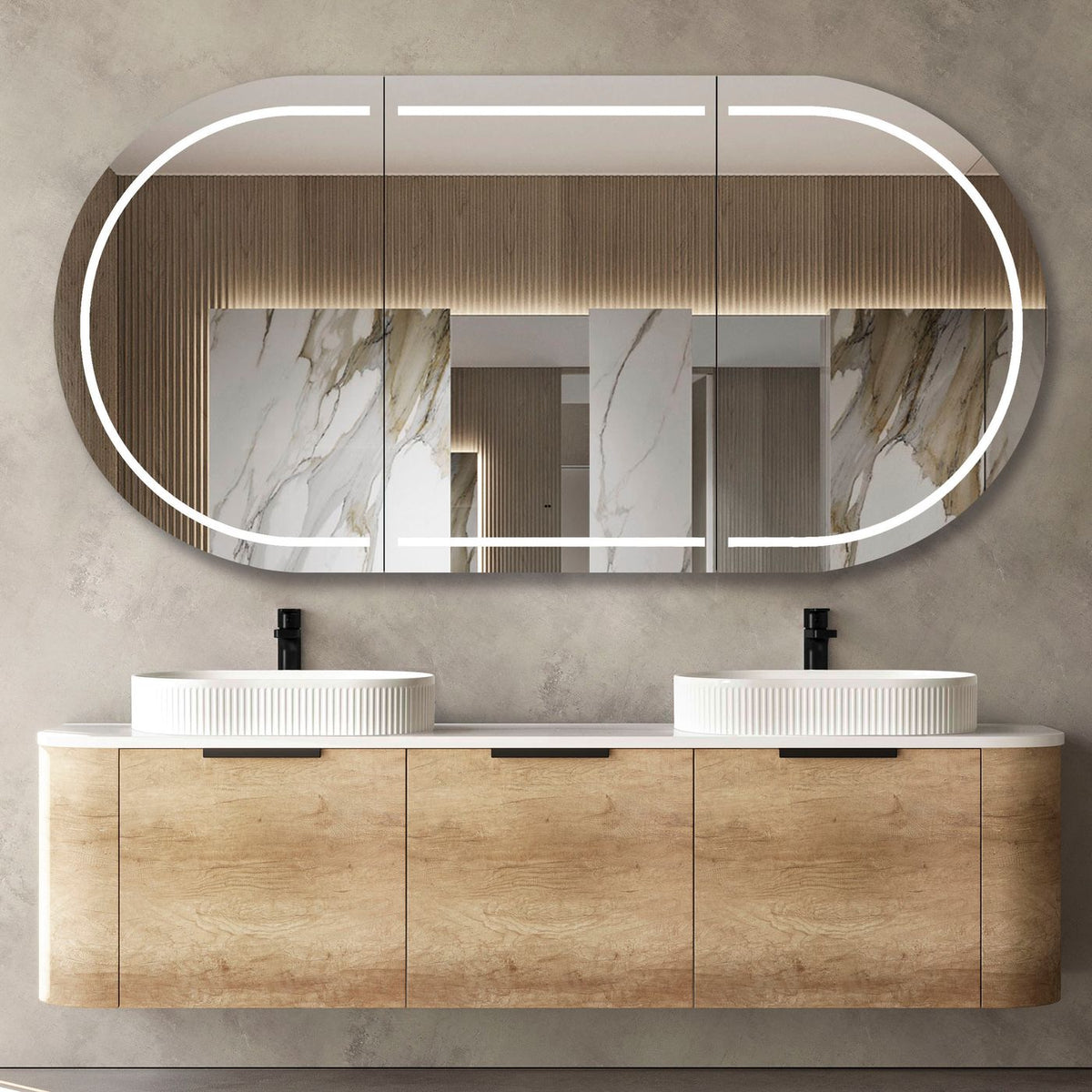 Bondi 1800mm Natural Oak Wall Hung Curve Vanity - close-up detail view