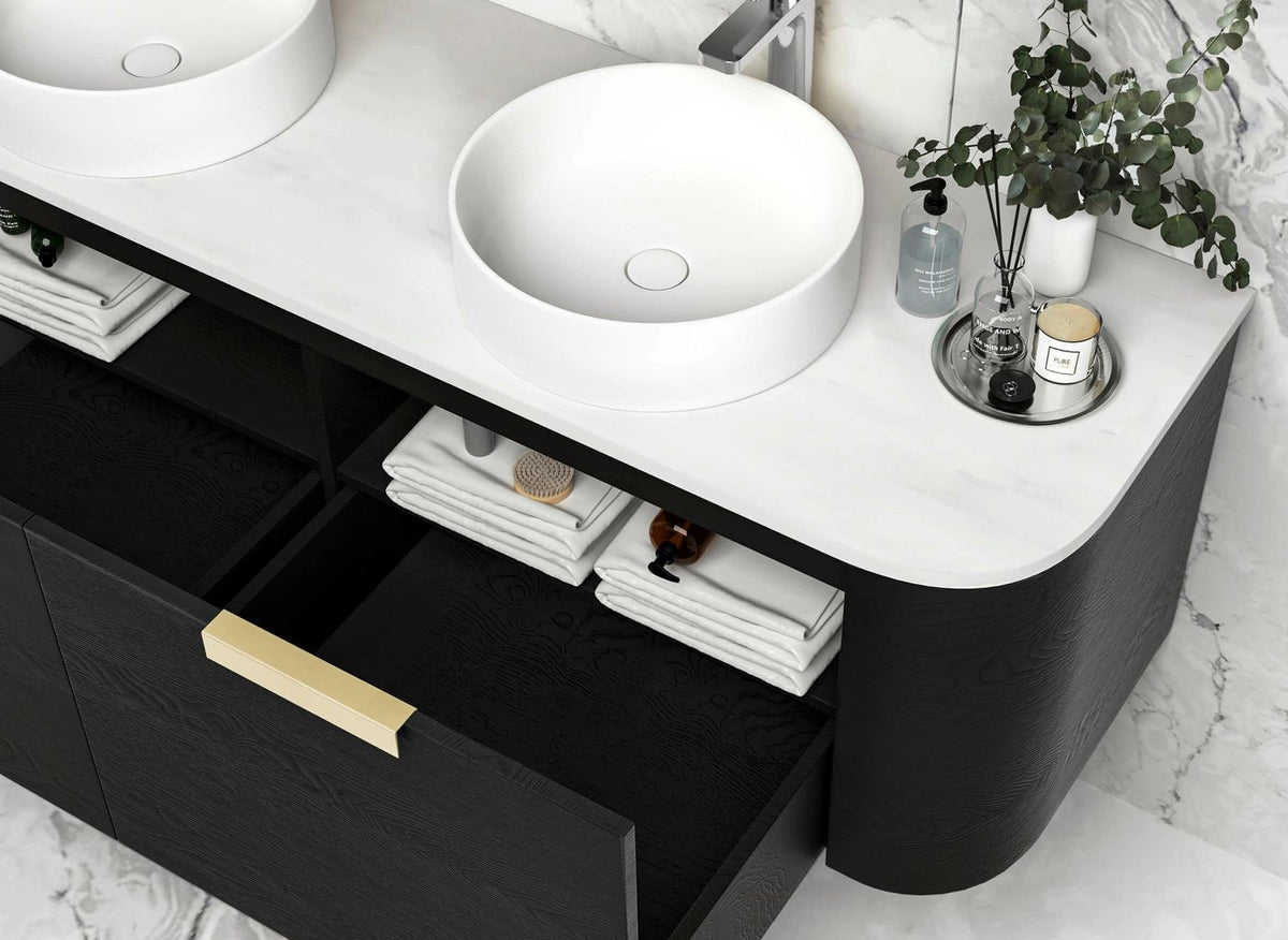 Bondi 1500mm Black Oak Wall Hung Curve Vanity - angled product view