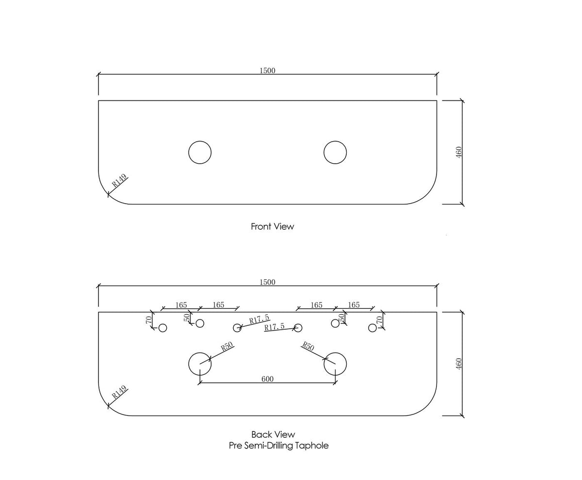 Bondi 1500mm Satin White Fluted Wall Hung Curve Vanity - rear mounting detail