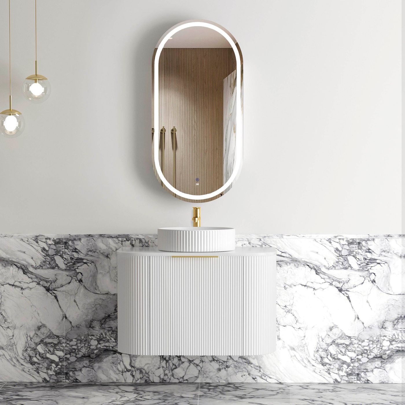 Bondi 750mm Satin White Fluted Wall Hung Curve Vanity (12TH & NTH Only)