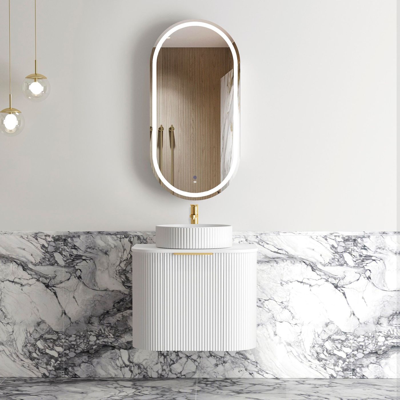 Bondi 600mm Satin White Fluted Wall Hung Curve Vanity (12TH & NTH Only)