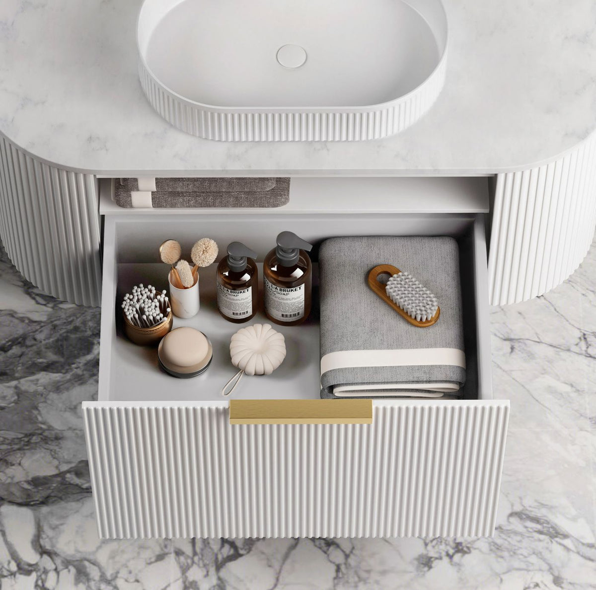 Bondi 1200mm Satin White Fluted Wall Hung Curve Vanity - close-up detail view