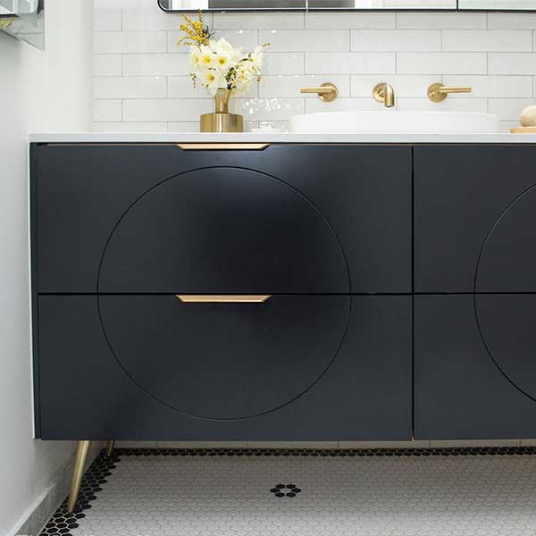 Timberline Sutherland House Retro Vanity 1500mm,  Calcutta Snow SilkSurface Top, Above Counter Basin, Brushed Gold Ova Handles, Brushed Gold Angled Legs, Black Satin finish -The Blue Space